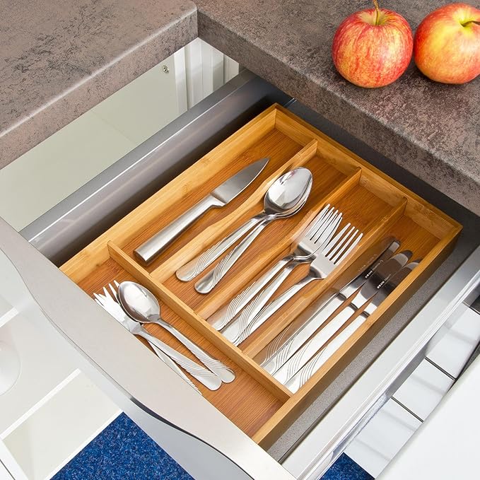 Bamboo Drawer Organizer - Kitchen Utensil Holder, 5 Slots Silverware Drawer Organization, Kitchen Wooden Tray for Cutlery, Flatware & Stationery - Natural
