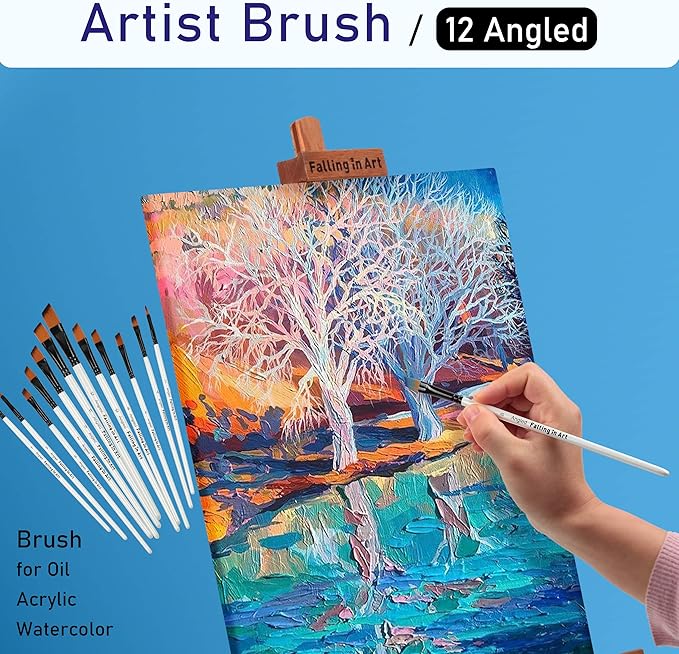 Falling in Art Paint Brushes Set, 12 PCS Nylon Professional Angled Paint Brushes for Watercolor, Oil Painting, Acrylic, Face Body Nail Art, Crafts, Rock Painting