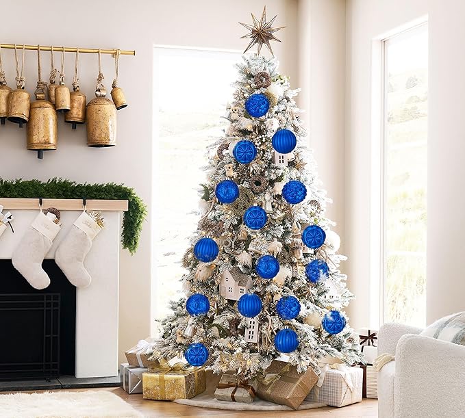 Hollyone 4.7 Inch Large Blue Christmas Ornaments 4Pcs Shatterproof for Xmas Tree Decor with Hook