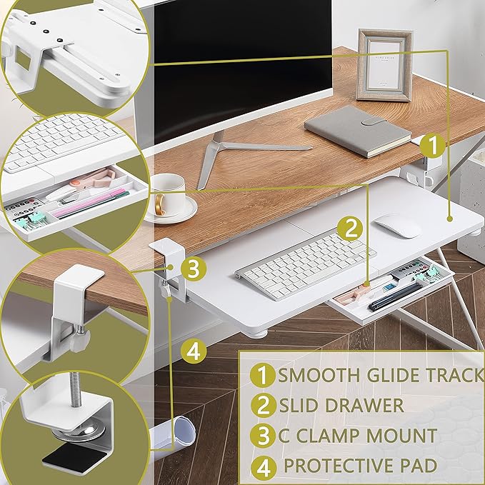 ETHU Keyboard Tray Under Desk, 19.7' X 11.81" Small Size Keyboard Drawer with C Clamp-on Mount Easy to Install, Computer Keyboard Stand Slide Pull Out, Ergonomic Keyboard Tray for Home, Office