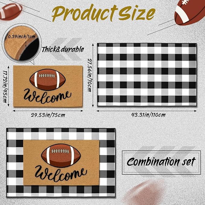 2 Pcs Football Front Porch Rug Buffalo Plaid Football Door Mat Imitation Coco Coir Football Welcome Layering Rug for Outdoor(Black and White 1,28 x 43 Inch,Football)