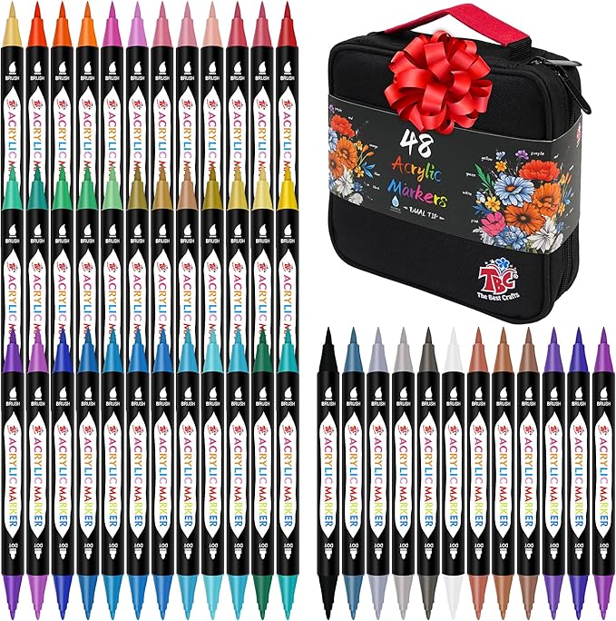 TBC The Best Crafts 48 Colors Dual Tip Acrylic Paint Markers, Double zipper design Topgrade Canvas bag,Waterproof, Non-Toxic, odorless, Suitable for Paper,Pottery, Stones, Glass,outdoor painting