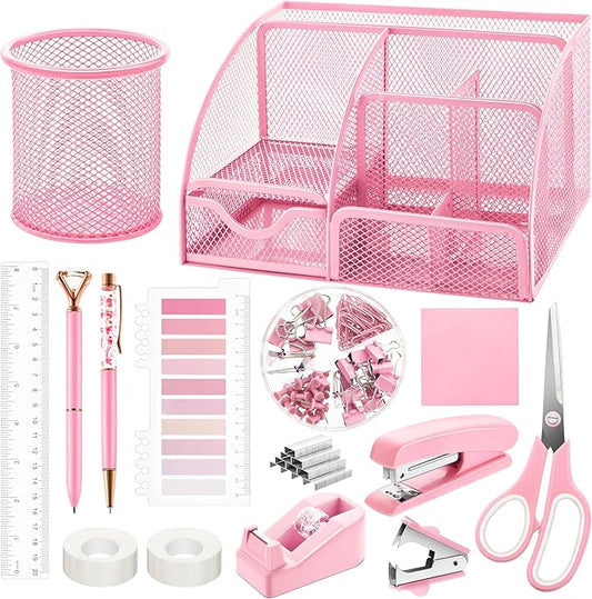 11 Pcs Pink Office Supplies Set Mesh Desk Organizer Accessories Kit Include Stapler Tape Dispenser Staple Remover Clips Ruler Scissors Sticky Notes for Office School Home Women (Pink)