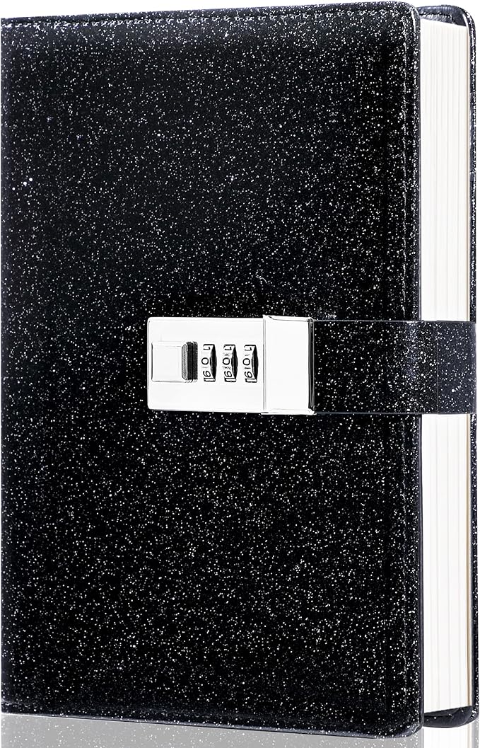 CAGIE Journal with Lock for Women Refillable Lock Journal for Men with 224 Pages Glitter Black Diary with Lock for Girls, Adults, 5.3 x 7.9 Inches