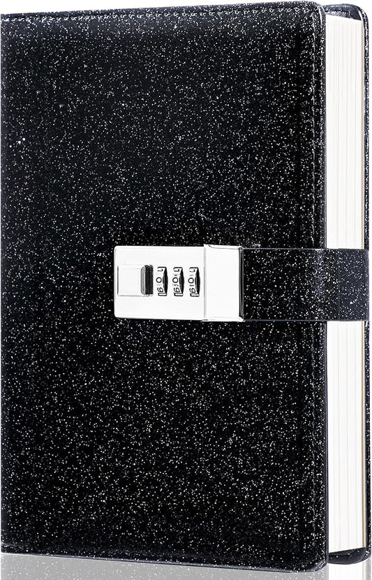 CAGIE Journal with Lock for Women Refillable Lock Journal for Men with 224 Pages Glitter Black Diary with Lock for Girls, Adults, 5.3 x 7.9 Inches