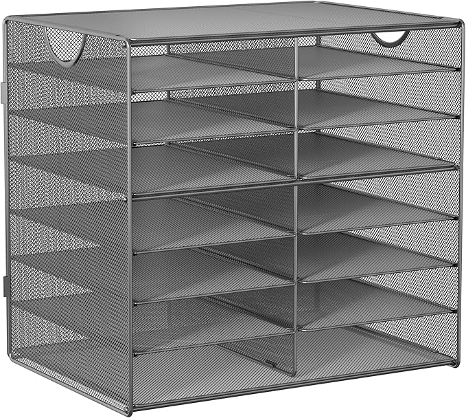 EasyPAG 14-Slot Mesh Desk File Organizer with Handle, Metal Frame Paper Tray for Classroom/Office/Home - Easy Assembly, Durable Tiered Sorter & A4/Letter Size, Silver