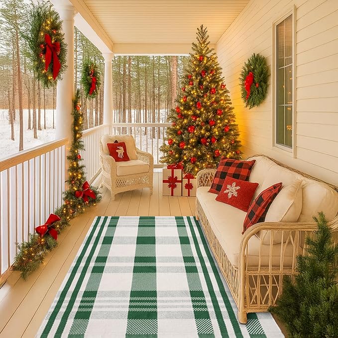 Christmas Green & White Check Rug - 4' x 6' Outdoor Front Door Decor Mat Cotton Washable Hand-Woven Rug Christmas New Year Holiday Porch Entryway Layered Doormat