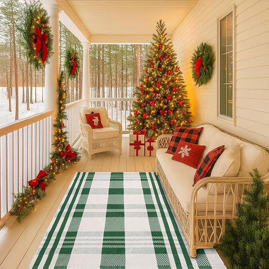 Christmas Green & White Check Rug - 4' x 6' Outdoor Front Door Decor Mat Cotton Washable Hand-Woven Rug Christmas New Year Holiday Porch Entryway Layered Doormat