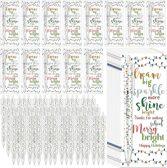 100 Sets Christmas Pens Bulk Christmas Employee Appreciation Gifts Bulk String Lights 0.7 mm Mechanical Pencils with Bookmarks Coworkers Xmas Gifts for Staff Teacher Office Team