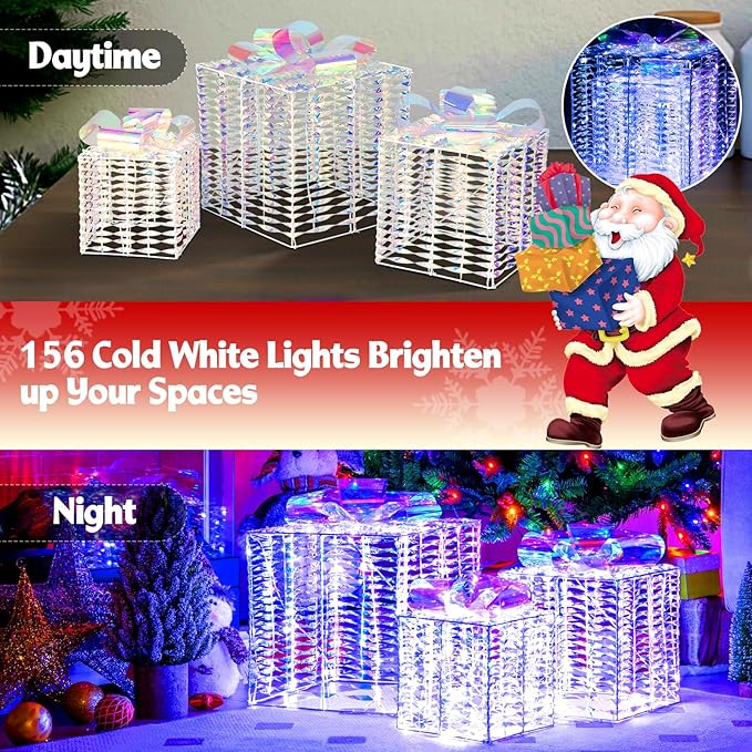 Tangkula Set of 3 Lighted Christmas Iridescent Box, 156 Cold White LED Lighted Present Boxes with Iridescent Bows, Ground Stakes, Light up Box Decorations for Indoor Outdoor, Yard, Lawn