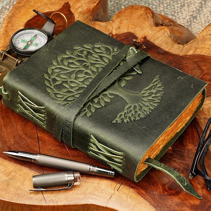LUXEORIA Tree Of Life Leather Journal for Women and Men, Handcrafted Leather Journal for Writing Womens, Sketchbook, Travel Diary with Unlined Deckle Paper, Dark Green 5x7