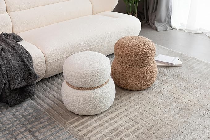 MEETAKING Small Round Foot Stool, Teddy Fabric Footrest Ottoman Stool with Non-Skid Legs, Modern Footstools Step for Couch, Desk, Office, Living Room (Beige)