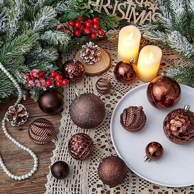 Christmas Balls Ornaments -36pcs Shatterproof Christmas Tree Decorations with Hanging Loop for Xmas Tree Wedding Holiday Party Home Decor,6 Styles in 3 Sizes(Brown)
