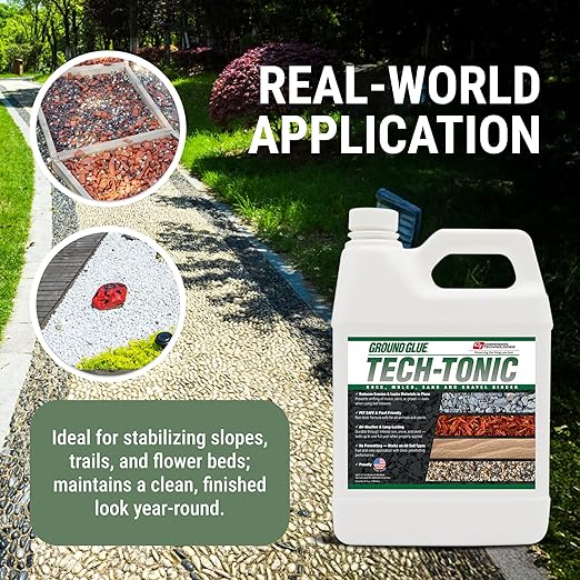Ground Glue Tech-Tonic Landscape Adhesive for Rock, Mulch, and Sand, Weatherproof Long-Lasting Stabilizer for Trails & Slopes, Pet-Safe Binder for Pea Gravel, Bark & Flower Beds, 32 Fl. Oz.