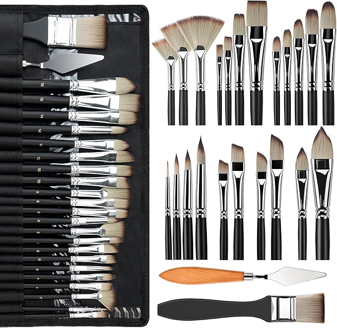 Bougimal 25-Piece Professional Paint Brush Set, Perfect for Acrylic, Oil, Watercolor & Gouache Painting, Includes Canvas Roll-Up Case & Palette Knife - Ideal Art Supplies Gift Set