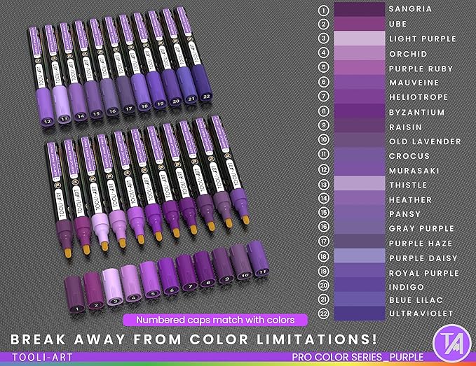 TOOLI-ART 22 Acrylic Paint Markers Paint Pens Pro Color Series Set 3mm Medium Tip for Rock Painting, Glass, Mugs, Wood, Metal, Glass Paint, Canvas, DIY. Non Toxic, Waterbased, Quick Drying (PURPLE)