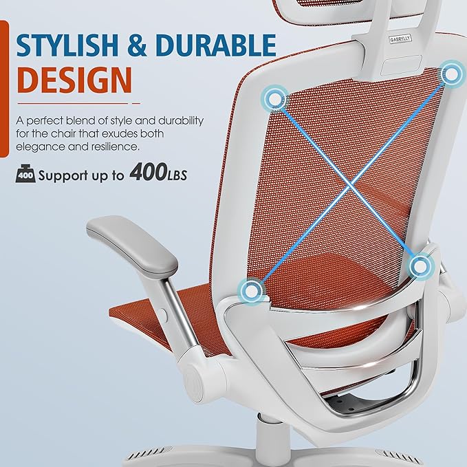 GABRYLLY Ergonomic Office Chair, High Back Home Desk Chair with Headrest, Flip-Up Arms, 90-120° Tilt Lock and Wide Cushion, 400LBS Mesh Chairs for Man Woman, White Task Chair(Orange,GY01WOR)