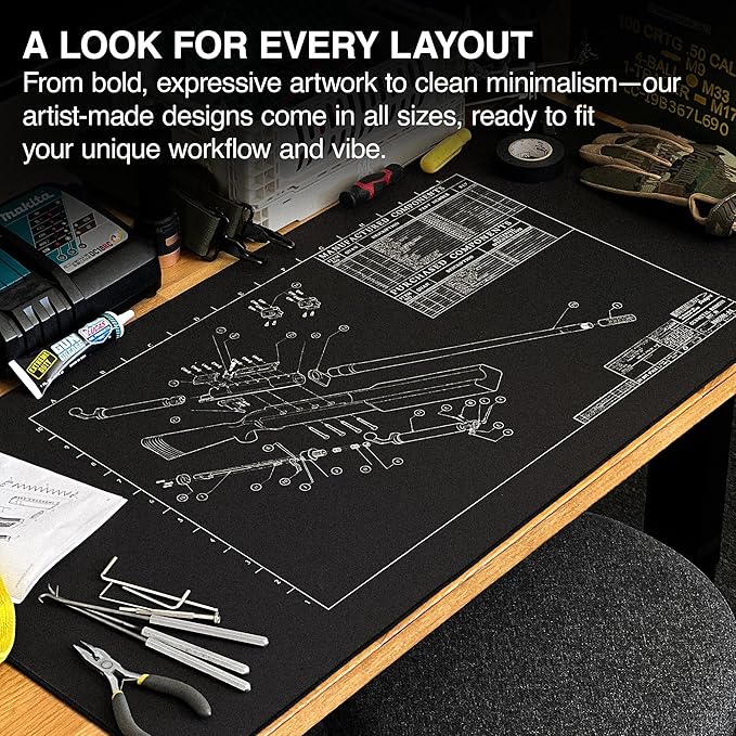 MPCO. Blueprints Large Gaming Desk Pad - 36" x 17" Aeroglyde Fabric Browning 50 Cal – Black Desk Mats - Non-Slip, Washable, Smooth Glide for Precision Gaming & Work