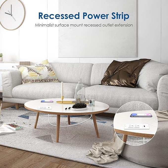 Recessed Power Strip USB C PD 30W Fast Charging,Flush Mount Desk Recessed Outlet,Space-Saver for Furniture Side Table,2 USB Ports,2 AC Outlets,6ft Cord,Ultra Thin Flat Plug,White