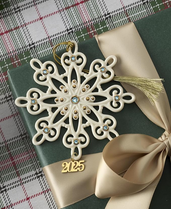 Lenox Ornament, 2025 Gemmed Snowflake Ornament, Porcelain with Gold Accents and Blue Gemstones, Christmas Tree Decorations, Christmas Decoration, Gold Cord for Hanging Included (Cream, 1 Piece)