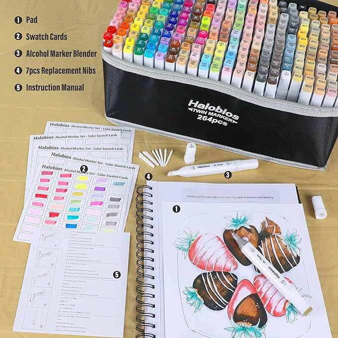 264 Alcohol Markers, Dual Tip Fine & Broad Drawing Markers Alcohol Marker Set with Case, Art Marker for Kids Adults Coloring Artists Drawing Sketching Card Making and Illustration