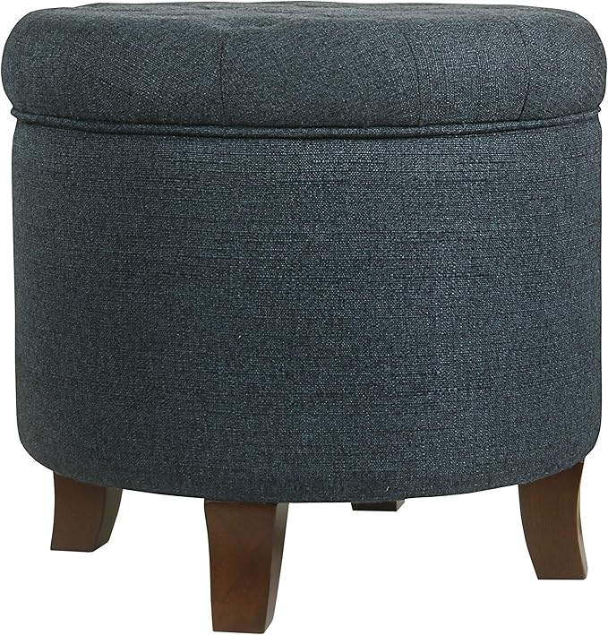 HomePop by Kinfine Fabric Upholstered Round Storage Ottoman - Velvet Button Tufted Ottoman with Removable Lid, Indigo Blue Woven