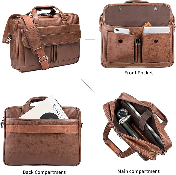 seyfocnia Men's Business Travel Briefcase Leather Handmade Messenger Bags Laptop Bag