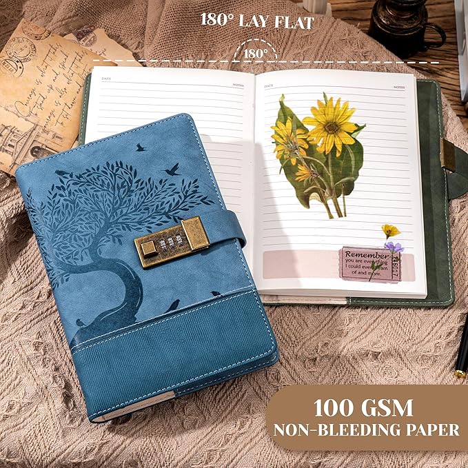 Vintage Diary with Lock for Women Girls 256 Pages Leather Password Journal with Lock A5 Locking Journals for Writing Note Taking Boys Men, 5.9x 8.3 in, Blue