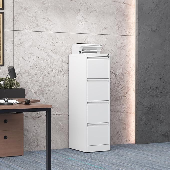 4 Drawer File Cabinet with Lock, Steel Vertical Filing Storage Cabinet for Home Office, Heavy-Duty File Cabinets for Letters/Legal/A4 (Require Assembly, White)