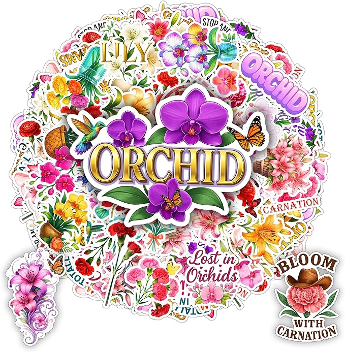 109 PCS Orchid Lily Carnation Stickers Pack, Floral Vinyl Waterproof Decals of Elegant Orchids Pure Lilies Colorful Carnations, Gift for Kids Teens Adults Scrapbook Wall Water Bottle Car