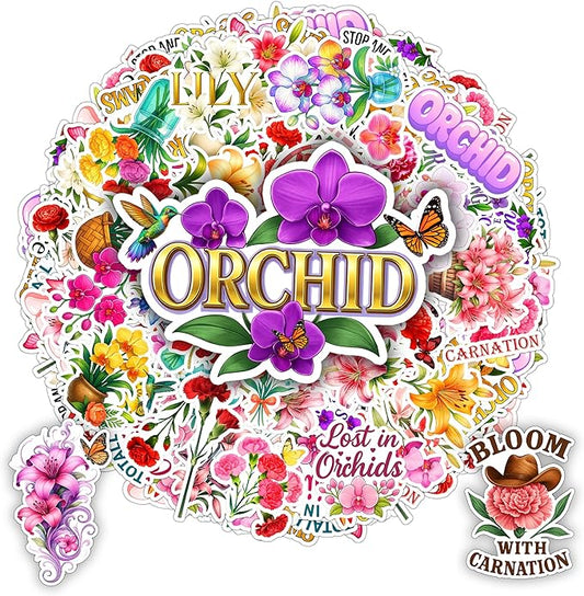 109 PCS Orchid Lily Carnation Stickers Pack, Floral Vinyl Waterproof Decals of Elegant Orchids Pure Lilies Colorful Carnations, Gift for Kids Teens Adults Scrapbook Wall Water Bottle Car