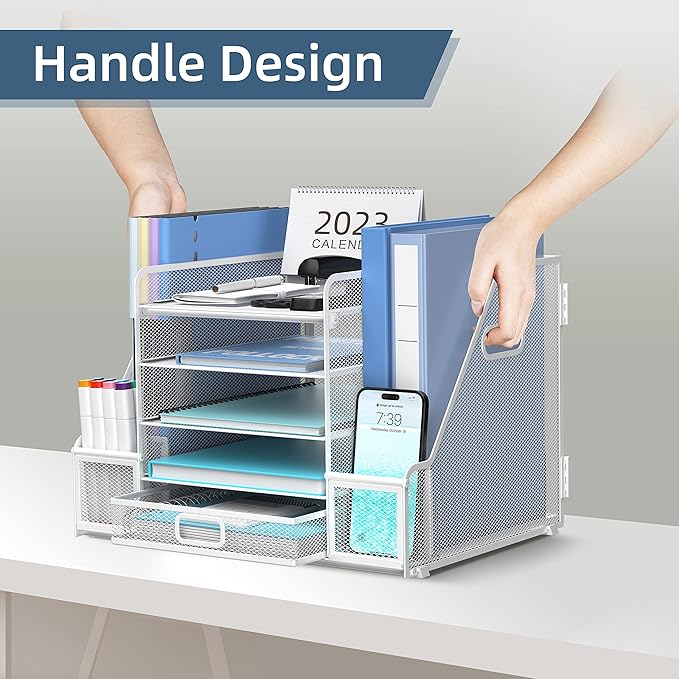 SUPEASY Mesh Desk Organizer with File Holder, 5-Tier Paper Letter Tray Organizer with Magazine Holder, Desktop Organizer and Storage with Drawer for Office Supplies Home or School, White