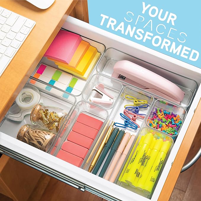 Eight Piecs. Plastic Clear Drawer Organizers for Bathroom, Kitchen, Bedroom, Office Organizer Bins, Storage Trays. Heavy Duty, Stackable 4 Sizes