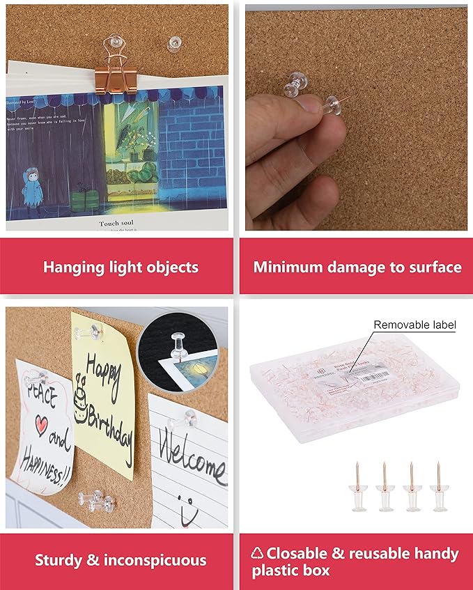 PAPERPAL 280 Rose Gold Push Pins for Cork Board, Clear Thumb Tacks for Wall Hangings, Pushpins for Office School & Personal Use, Standard Size Push Pin Tacks