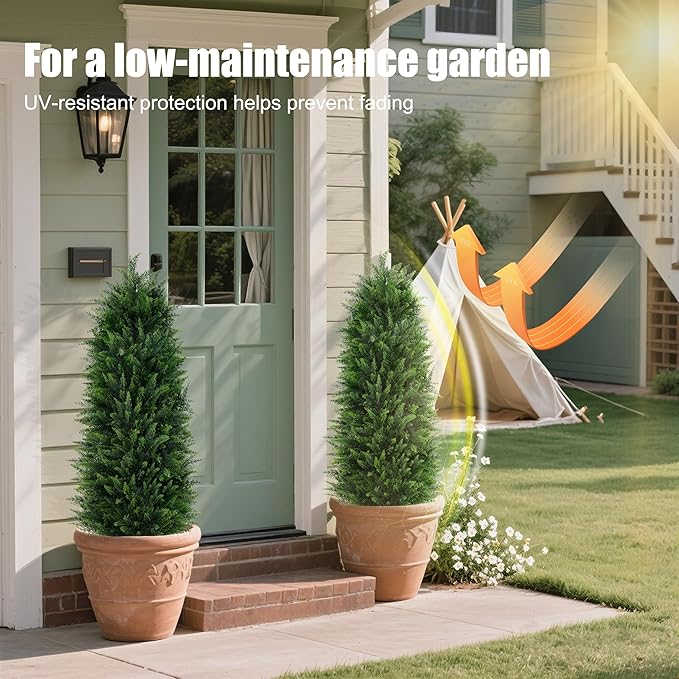 Artificial Cedar Trees, 4FT Tall Faux Tree Potted Plants with Trunk 48in Fake Cypress Tree for Indoor Outdoor Front Porch Garden Decor-2pack