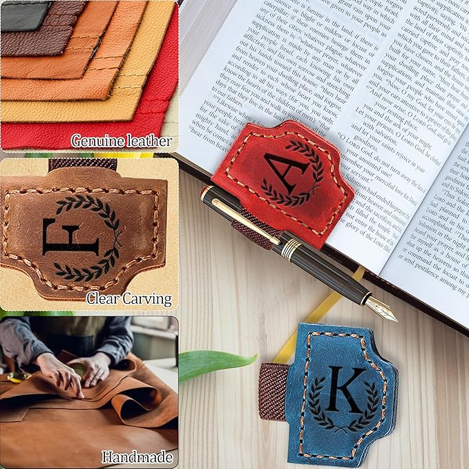 Bygone Mark Bookmark with Pen Holder, 26 Letters Name Initial Personalized Magnetic Bookmarks, Leather Book Mark for Men Women, Travelers Accessories, Teachers Readers Book Lovers Gifts (Red, P)