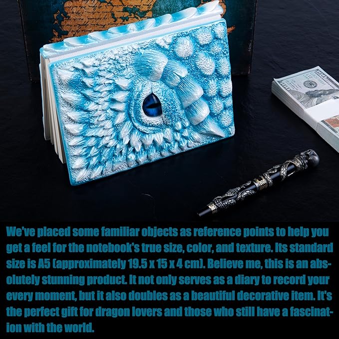 3D Dragon Eye Embossed Journal,Resin Engraving Notebook,Dnd notebook for Dragon Lovers ，Blank Paper,Hardcover Travel Notepad for Writing,Sketchbook,Collection,Gift,Decoration A4 and A5 Size (A5-Ice dragon-Lined-Brooch)