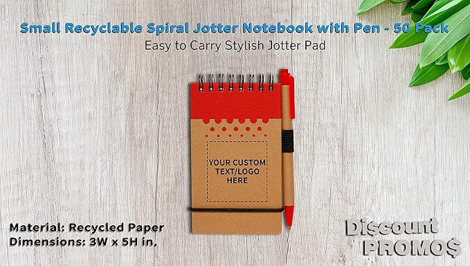 DISCOUNT PROMOS 50 Recyclable Spiral Small Notebooks Pack - Customizable Text, Logo - 60 Lined Pages - Red