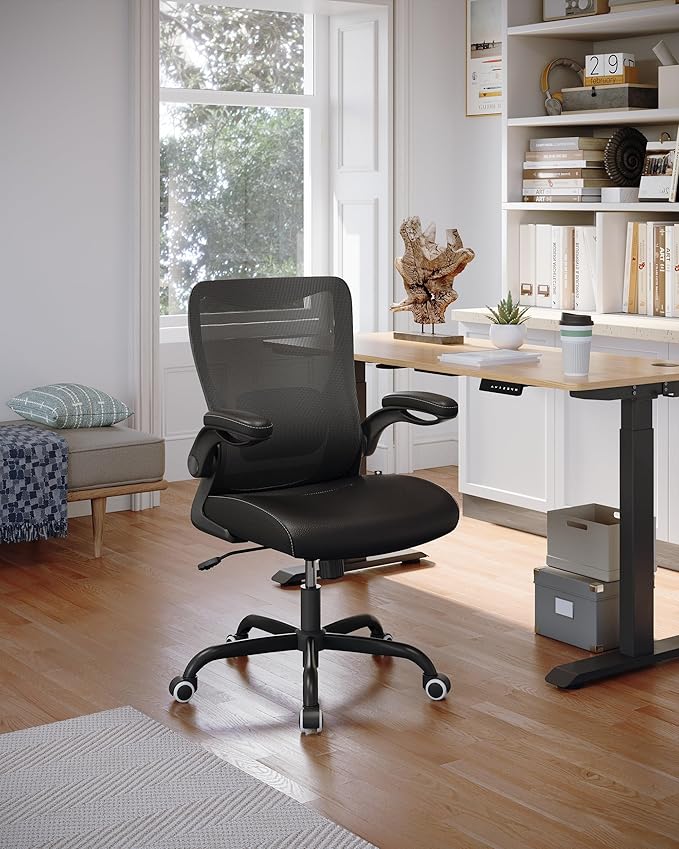 Office Chair, PU Leather Ergonomic Desk Chair with Adjustable Lumbar Support and Flip up Armrest, Breathable Mesh Computer Chair for Home Office, Black