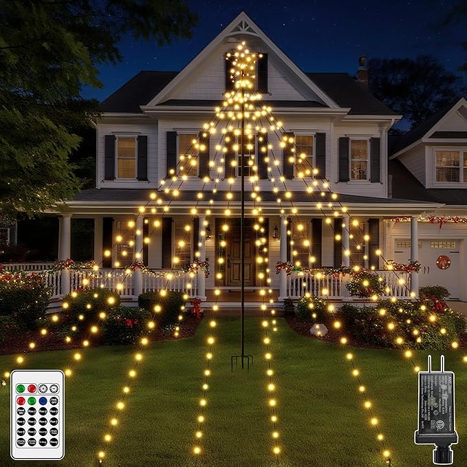 Christmas Tree Lights 340LED with Topper Star, IP67 Waterproof Remote Control Waterfall Lights with Pole, 16 Modes 3 Timers Dimmable Christmas Decorations for Outdoor Yard (Warm White)