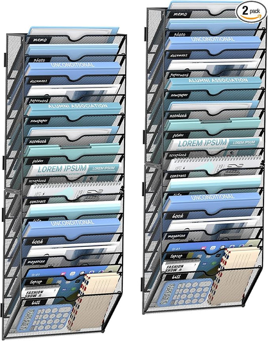 14 Tier Wall Hanging File Organizer, Paper Folder Holder Wall Mounted, Metal Mail Sorter for Office Home School, Black 2 Pack