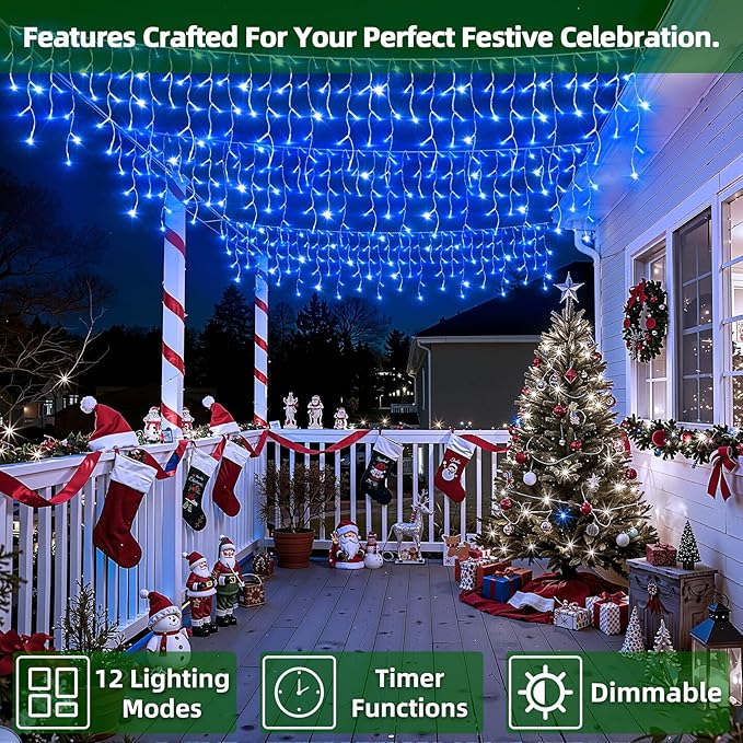 1332 LED Christmas Lights with 296 Drops,132ft 12 Modes Hanging ice String Lights with Timer & Dimmable & Waterproof, Plug-in Fairy Lights for Indoor Tree Holiday Wedding Party Christmas Decor Blue