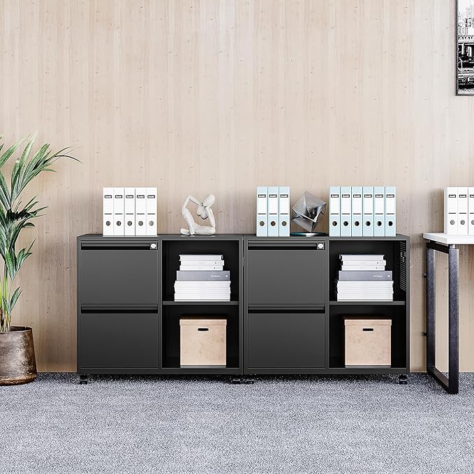 SISESOL 2 Drawer File Cabinet with Lock and Shelf,Mobile Lateral Filing Cabinet,Metal Filing Cabinets with Open Storage Shelves Organizer for Home Office Fit Legal/Letter A4 Size (Black)