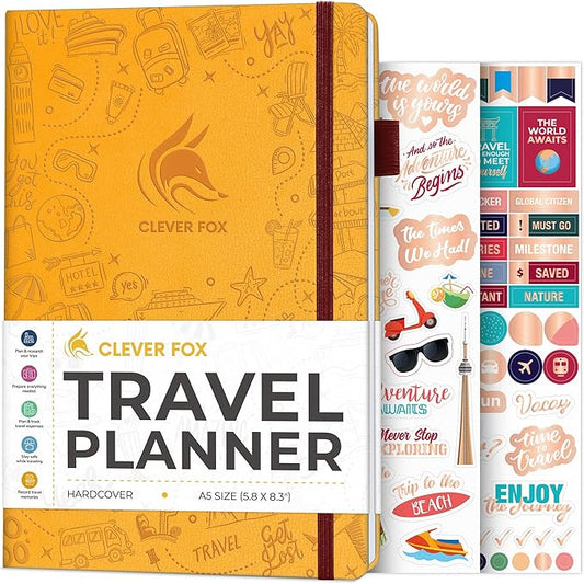 Clever Fox Travel Journal – Vacation & Trip Organizer with Budget Plan, Packing List, Travelling Expense Tracker, A5 (Amber Yellow)