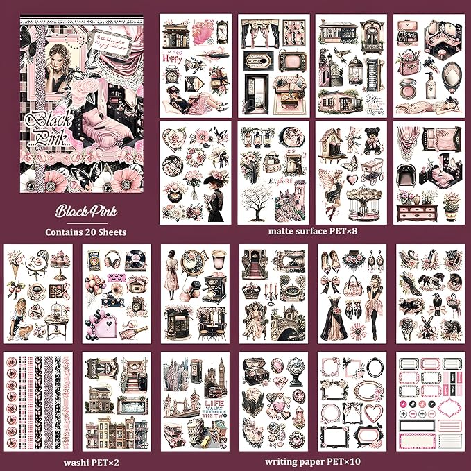 Snycler Black.Pink Theme Sticker Scrapbooking Supplies for Junk Journal, 20 Sheets PET Stickers - Vintage Journaling Stickers, Ephemera Sticker Book Pre Cut, Planner, Junk Journal Supplies