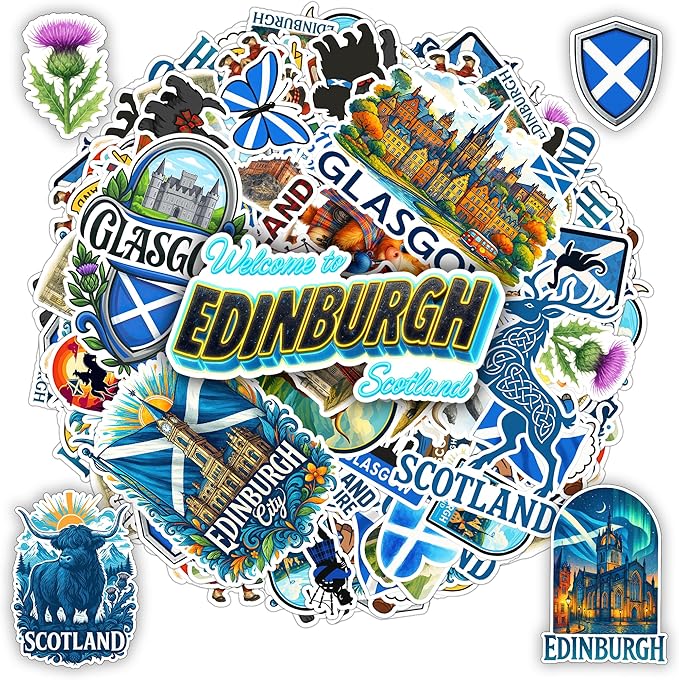 100 PCS Scotland Stickers Pack, Vinyl Waterproof Decals of Edinburgh Glasgow Highland Cow Castles and Scottish Symbols, Travel Souvenir Gift for Kids Teens Adults Scrapbook Laptop Water Bottle