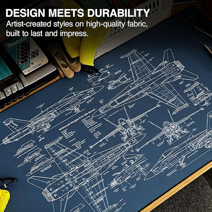 MPCO. Blueprints Large Gaming Desk Pad - 36" x 17" Duraglyde Fabric 18A Hornets – Blue Desk Mats - Non-Slip, Washable, Smooth Glide for Precision Gaming & Work
