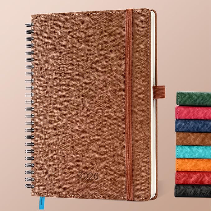 Planner 2026 Daily Weekly and Monthly,8.5"x6.5",12 Months Spiral Bound Calendar Agenda with Self-adhesive Pen Holder,2026 Appointment Book with Vegan Leather Soft Cover,Brown