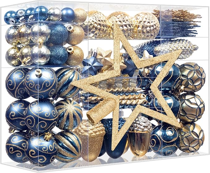 110Pcs Christmas Ball Ornaments Set, Assorted Blue and Gold Christmas Ornaments for Xmas Tree, Shatterproof Plastic Baubles Hanging Decorations for Holiday/Party/Wedding