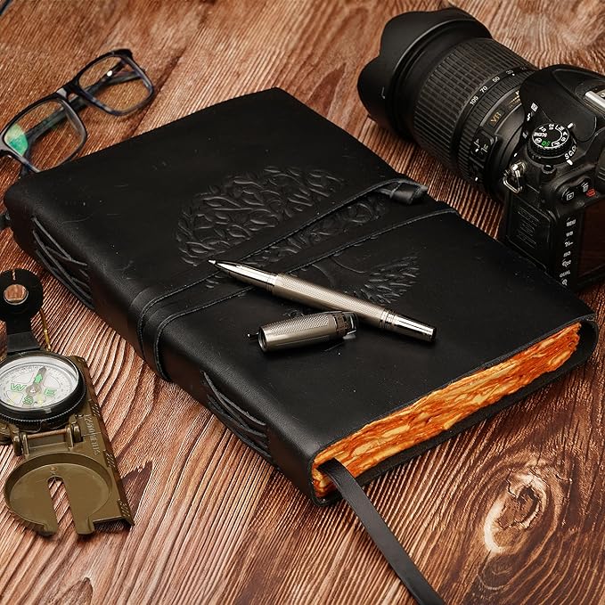 LUXEORIA Tree Of Life Leather Journal for Women and Men, Handcrafted Leather Journal for Writing Womens, Sketchbook, Travel Diary with Unlined Deckle Paper, Black 7x10